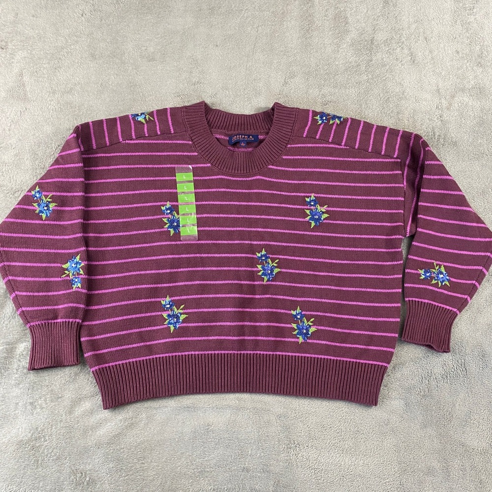 Joseph A Sweater Womens L Burgundy Pink Striped Floral Embroidered Sequin Crew